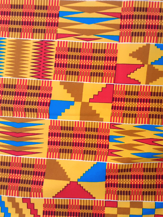 African Fabrics By the Yard - Kente - Classic #2 Marigold, Brown, Hot Blue, and Red
