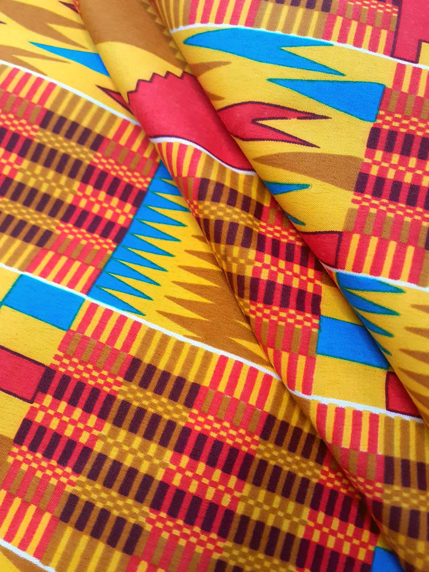African Fabrics By the Yard - Kente - Classic #2 Marigold, Brown, Hot Blue, and Red