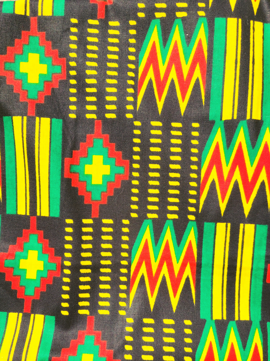 African Fabrics By the Yard - Kente - Black Kente with Red, Green, and Yellow Accents.