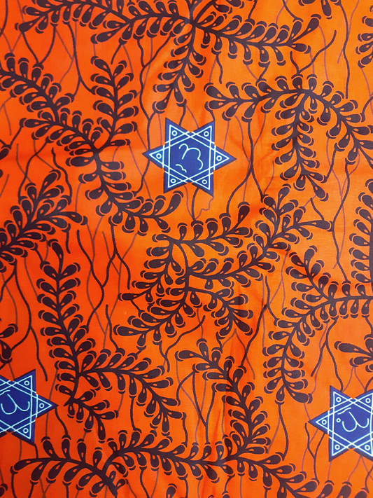 African Fabrics By the Yard - Kitenge - Blue Stars, Orange Background