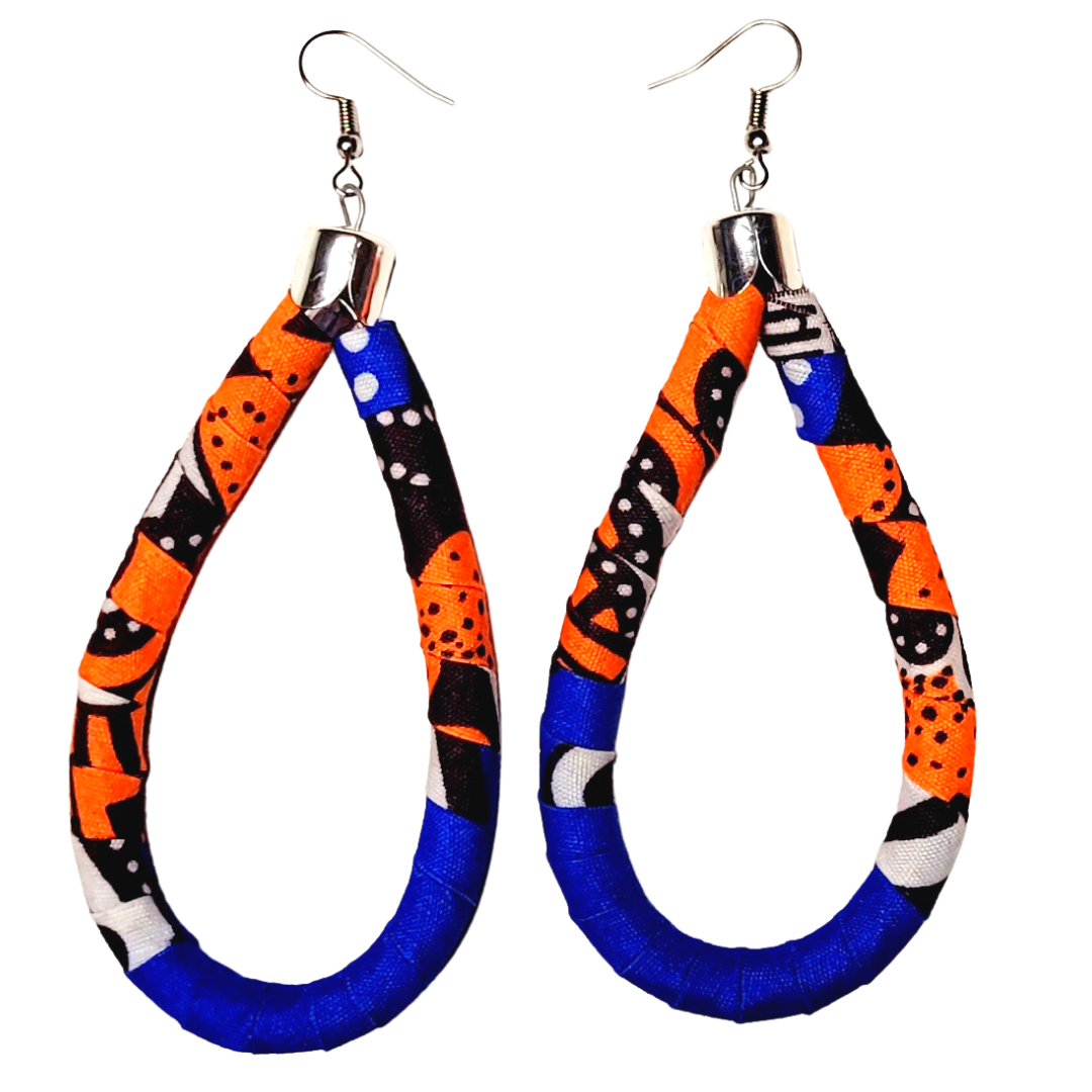 Kitenge/Ankara Fabric Wrapped Large Teardrop Earring Pairs - Blue, Orange, Red, Kente, Olive