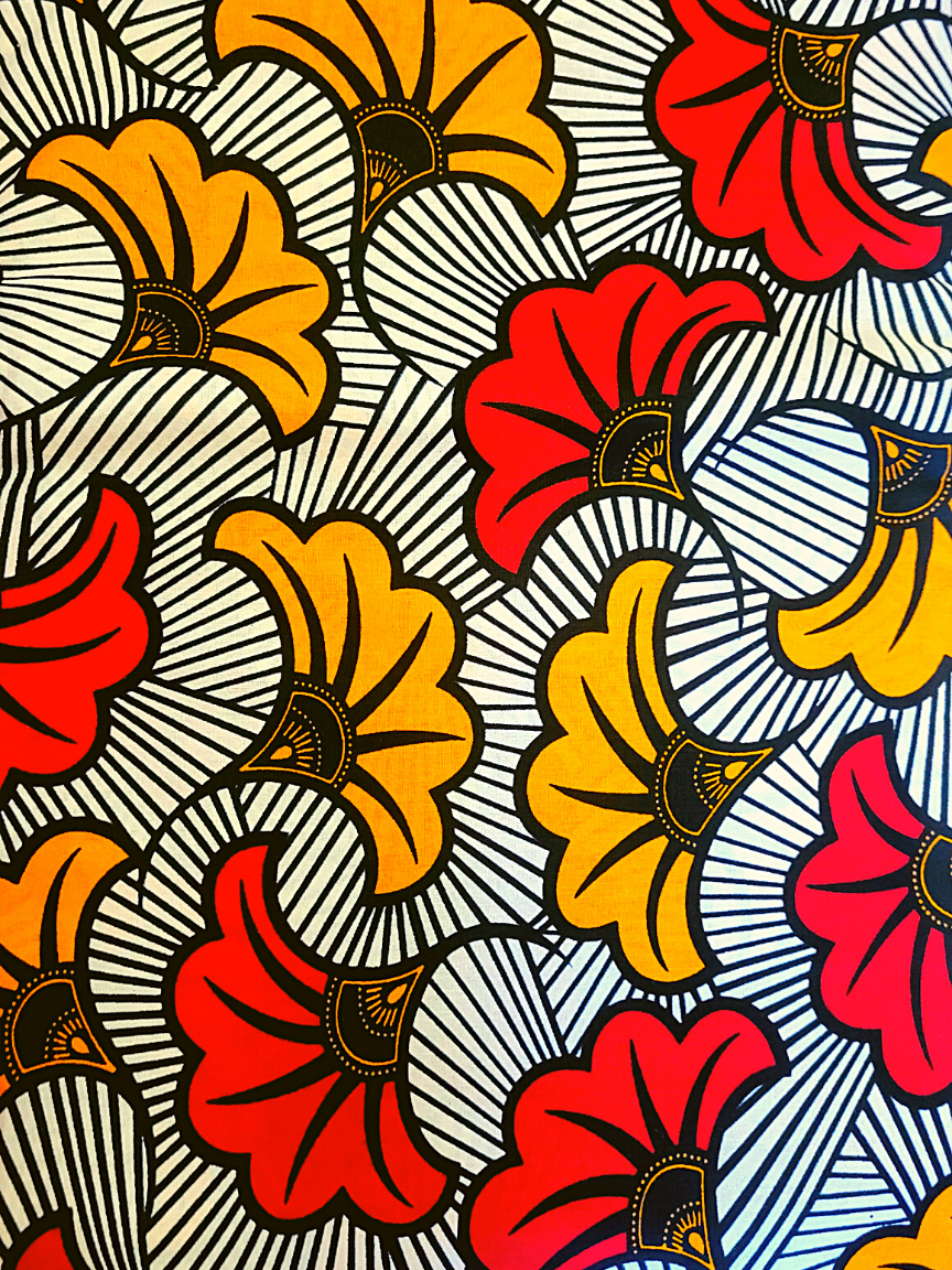 African Fabrics By the Yard - Kitenge - Black and White Background with Golden Yellow and Red Fans