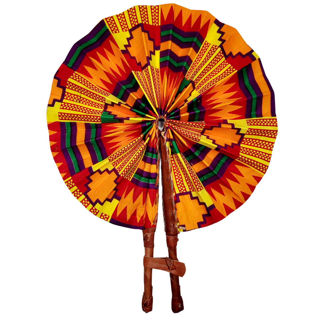 African Ankara Kitenge Kente Dutch Wax Hand Fans with Leather Handles - Orange