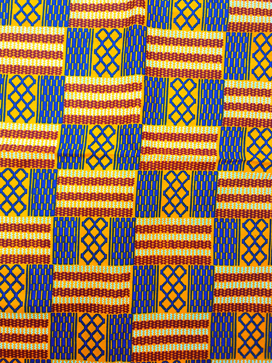African Fabrics By the Yard - Kente - Orange, Blue, Deep Red, and White