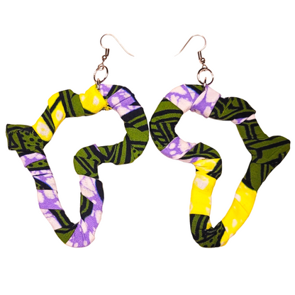 African Ankara/ Kitenge/ Kente/ Dutch Wax Fabric Wrapped Africa Map Earrings - Greens