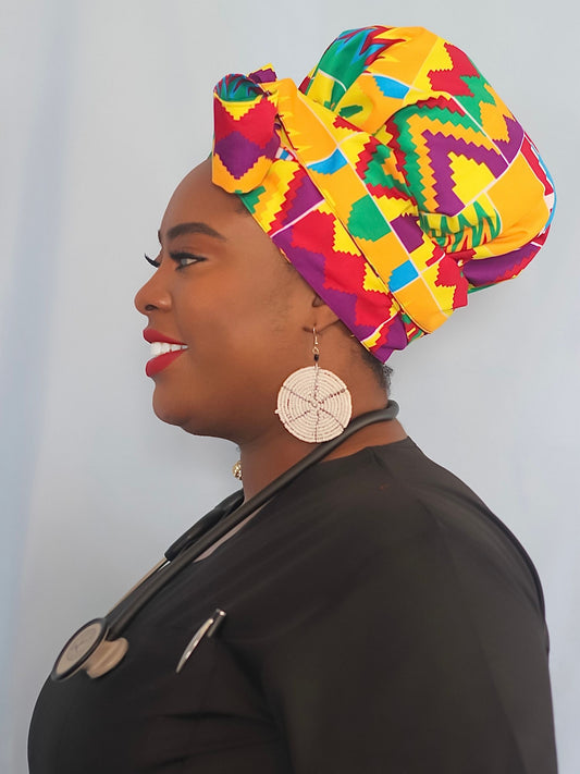 Satin Lined Bonnet Head Wrap - Neon Orange and Yellow Multicolor