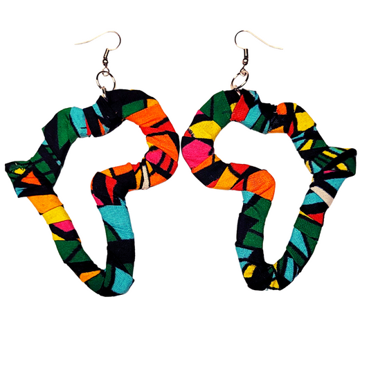 African Ankara/ Kitenge/ Kente/ Dutch Wax Fabric Wrapped Africa Map Earrings - Greens