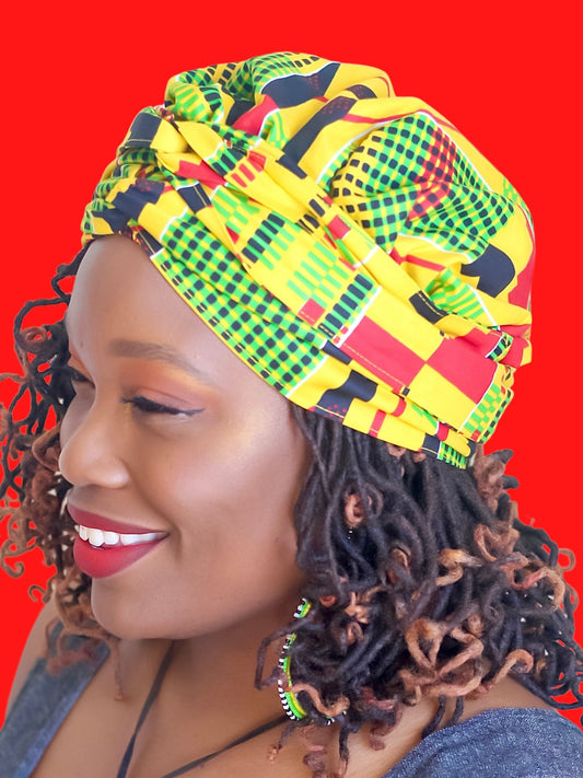 Africa, african fabric, ankara fabric, african print, dutch wax, mudcloth print, ethnic print, tribal print, kente, kitenge, turban, bonnet, satin lined, headwrap, head wrap, africa print ankara, african headwrap, bonnet headwrap, african fabric head wrap, black woman, black women, black hair, natural hair, hair care, hair covering, head covering, braids, locs, dreadlocks, bow head wrap, womens head wrap, black women hair, cancer patients, women with cancer, yellow, black, red, green