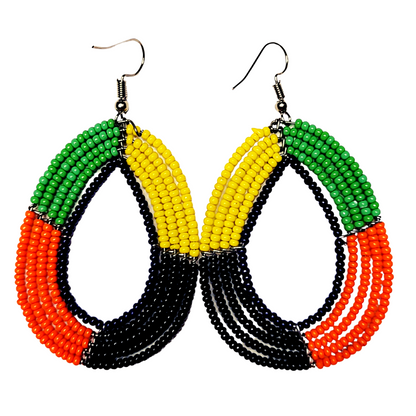 African Kenyan Maasai Beaded Tear Drops Earrings: Color Blocking in Yellow, Orange, Black, White, Blue, and Red