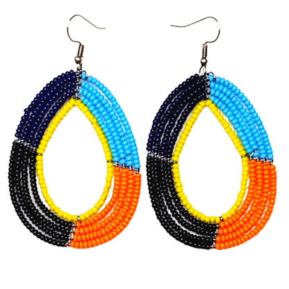 African Kenyan Maasai Beaded Tear Drops Earrings: Color Blocking in Yellow, Orange, Black, White, Blue, and Red