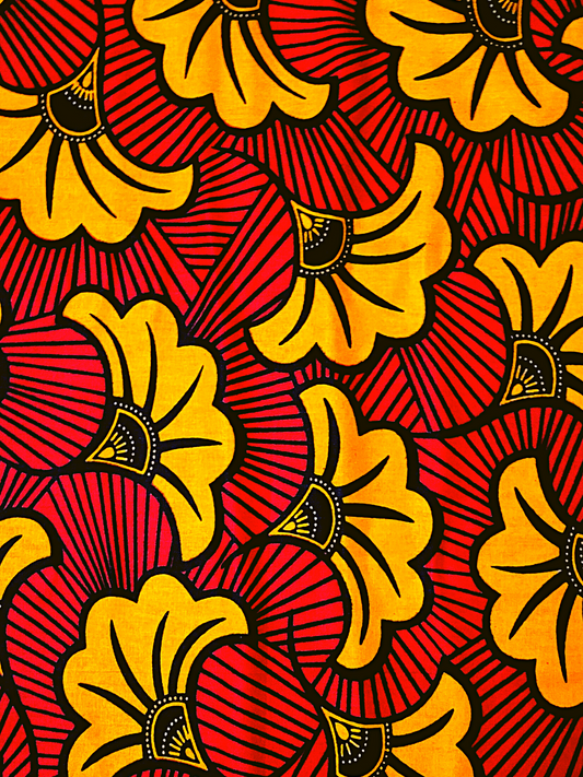 African Fabrics By the Yard- Ankara - Red and Black Background with Orange-Yellow Fans