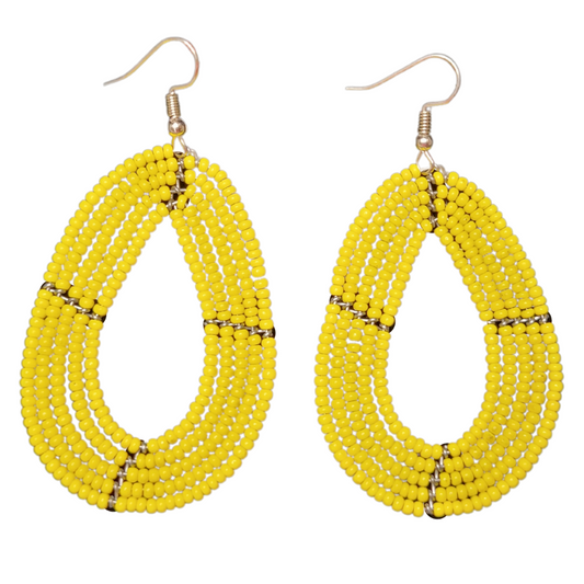 African Kenyan Maasai Beaded Tear Drops Earrings: Solid Colors in Yellow, Orange, Navy, White, and Green