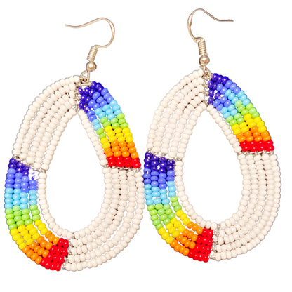 African Kenyan Maasai Beaded Tear Drops Earrings: Color Blocking in Yellow, Orange, Black, White, Blue, and Red