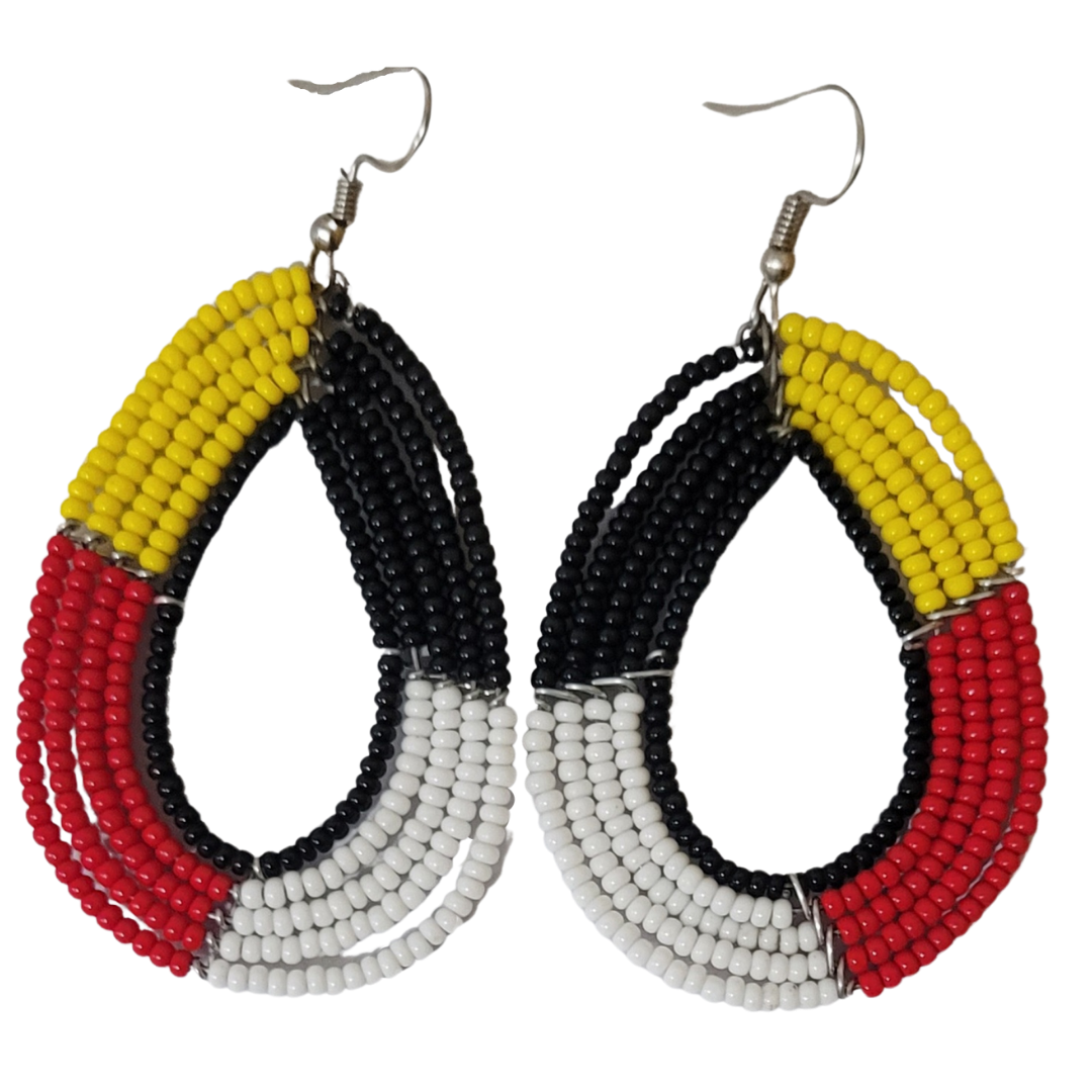 African Kenyan Maasai Beaded Tear Drops Earrings: Color Blocking in Yellow, Orange, Black, White, Blue, and Red