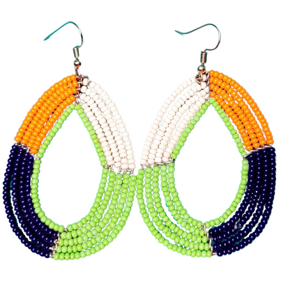African Kenyan Maasai Beaded Tear Drops Earrings: Color Blocking in Yellow, Orange, Black, White, Blue, and Red