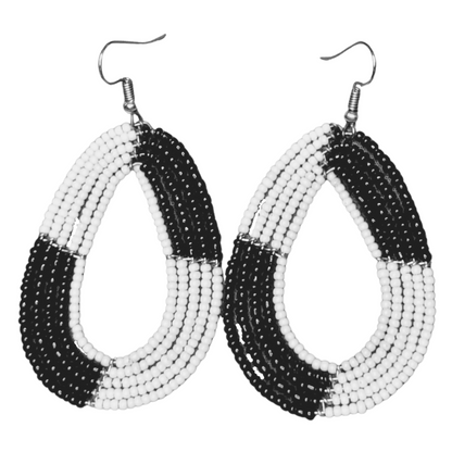 African Kenyan Maasai Beaded Tear Drops Earrings: Color Blocking in Yellow, Orange, Black, White, Blue, and Red