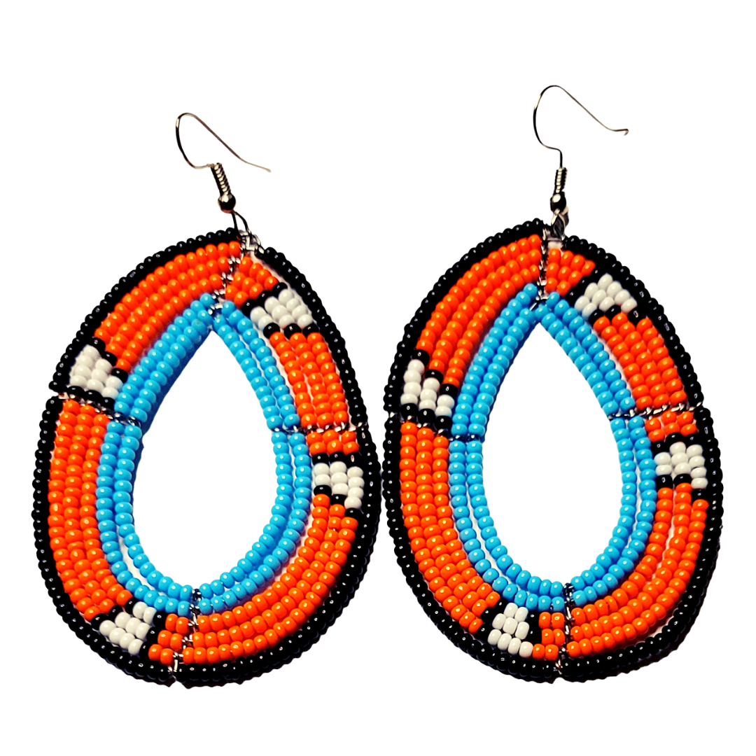 African Kenyan Maasai Beaded Tear Drops Earrings: Color Block 2 - Orange and Blue