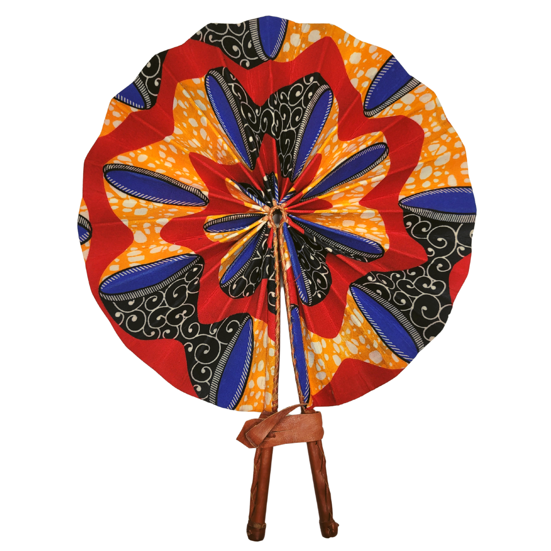 African Ankara Kitenge Kente Dutch Wax Hand Fans with Leather Handles - Reds