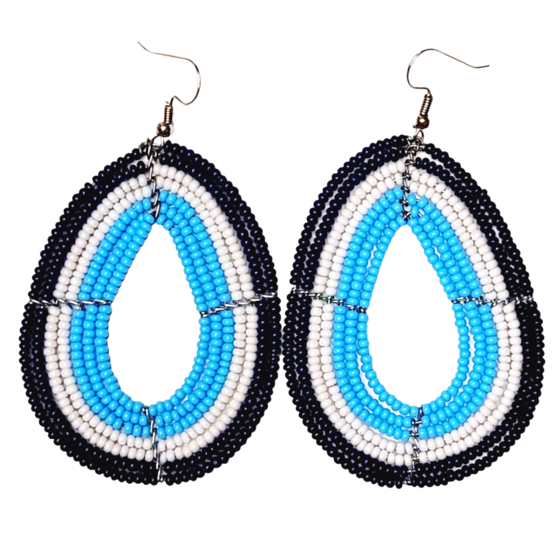 African Kenyan Maasai Beaded Tear Drops Earrings: Color Block 2 - Orange and Blue