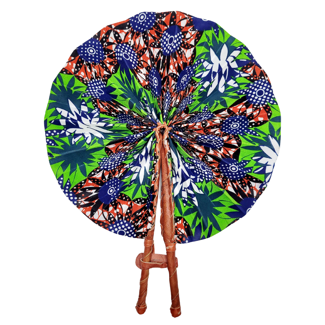 African Ankara Kitenge Kente Dutch Wax Hand Fans with Leather Handles - Blues
