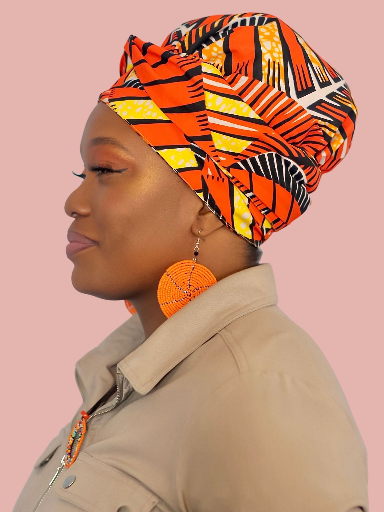 Africa, african fabric, ankara fabric, african print, dutch wax, mudcloth print, ethnic print, tribal print, kente, kitenge, turban, bonnet, satin lined, headwrap, head wrap, africa print ankara, african headwrap, bonnet headwrap, african fabric head wrap, black woman, black women, black hair, natural hair, hair care, hair covering, head covering, braids, locs, dreadlocks, bow head wrap, womens head wrap, black women hair, cancer patients, women with cancer, orange, yellow