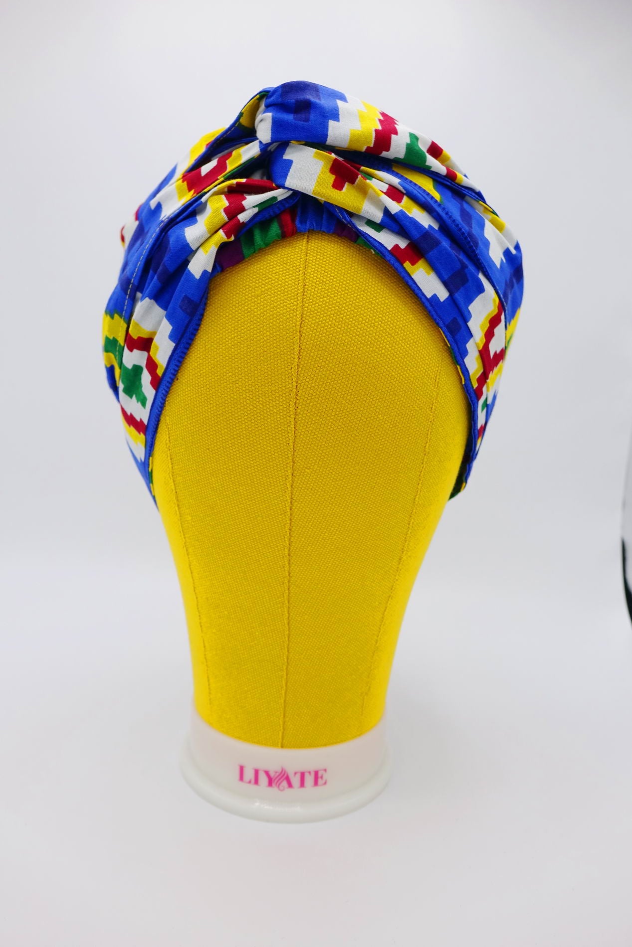 Satin Lined Bonnet Head Wrap - Kente - Geometric Shapes: Blue, Red, Yellow, White