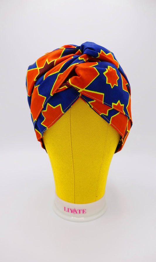 Africa, african fabric, ankara fabric, african print, dutch wax, mudcloth print, ethnic print, tribal print, kente, kitenge, turban, bonnet, satin lined, headwrap, head wrap, africa print ankara, african headwrap, bonnet headwrap, african fabric head wrap, black woman, black women, black hair, natural hair, hair care, hair covering, head covering, braids, locs, dreadlocks, bow head wrap, womens head wrap, black women hair, cancer patients, women with cancer, blue, orange