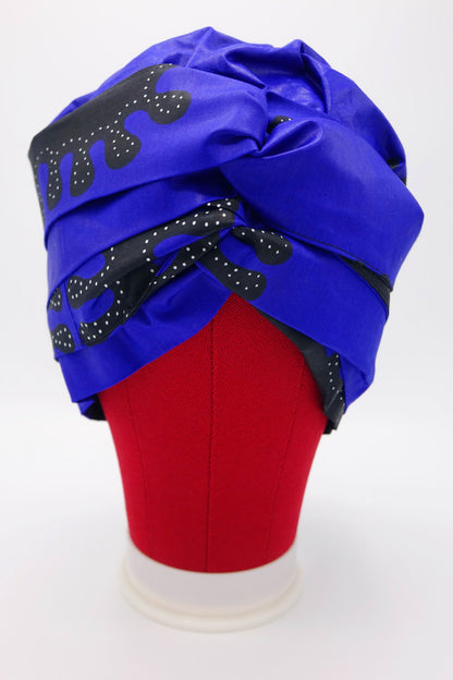 Africa, african fabric, ankara fabric, african print, dutch wax, mudcloth print, ethnic print, tribal print, kente, kitenge, turban, bonnet, satin lined, headwrap, head wrap, africa print ankara, african headwrap, bonnet headwrap, african fabric head wrap, black woman, black women, black hair, natural hair, hair care, hair covering, head covering, braids, locs, dreadlocks, bow head wrap, womens head wrap, black women hair, cancer patients, women with cancer, blue, black