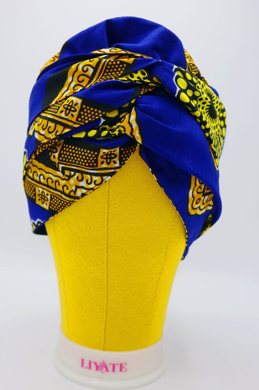 Africa, african fabric, ankara fabric, african print, dutch wax, mudcloth print, ethnic print, tribal print, kente, kitenge, turban, bonnet, satin lined, headwrap, head wrap, africa print ankara, african headwrap, bonnet headwrap, african fabric head wrap, black woman, black women, black hair, natural hair, hair care, hair covering, head covering, braids, locs, dreadlocks, bow head wrap, womens head wrap, black women hair, cancer patients, women with cancer, sigma gamma rho, blue, gold, yellow