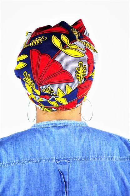Africa, african fabric, ankara fabric, african print, dutch wax, mudcloth print, ethnic print, tribal print, kente, kitenge, turban, bonnet, satin lined, headwrap, head wrap, africa print ankara, african headwrap, bonnet headwrap, african fabric head wrap, black woman, black women, black hair, natural hair, hair care, hair covering, head covering, braids, locs, dreadlocks, bow head wrap, womens head wrap, black women hair, cancer patients, women with cancer, blue, red, gold, yellow, marigold
