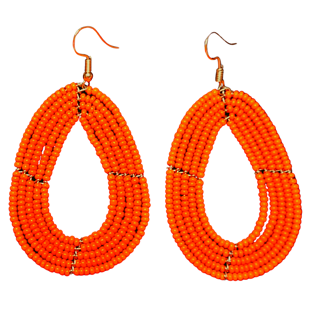 African Kenyan Maasai Beaded Tear Drops Earrings: Solid Colors in Yellow, Orange, Navy, White, and Green